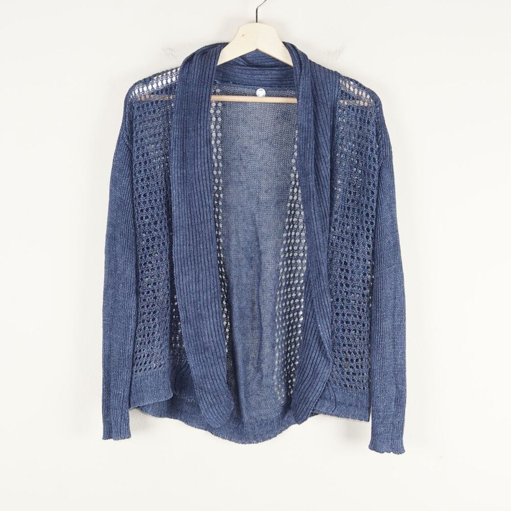 Margaret O'Leary Open Front Blue 100% Linen Knitted Cardigan Womens Sz S